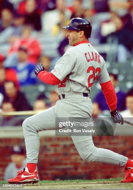 Jack Clark of the St. Louis Cardinals bats during an MLB game at Wrigley Field in Chicago, Illinois. Clark played for 15 seasons with 4 different...