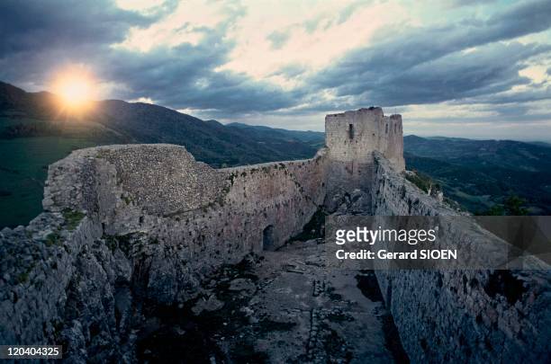 Cathar country: The castle of Montsegur in Montsegur, France - The powerful fortress built around 1300 by the lords of Levis on the ruins of the old...