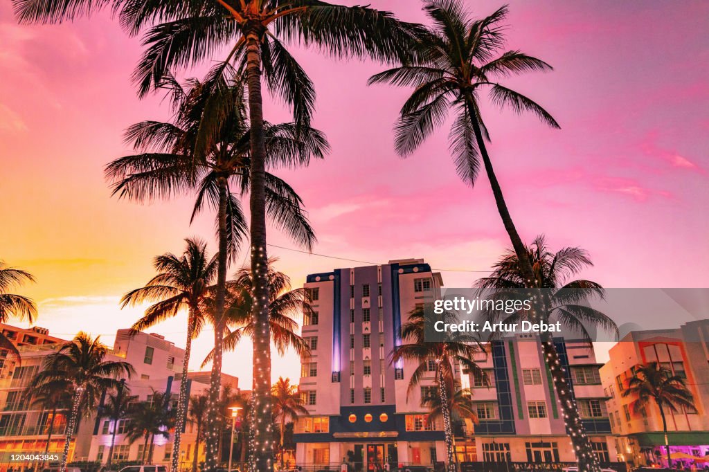 The waterfront of the famous Ocean Driver Art Deco district of Miami Beach with stunning sunset.