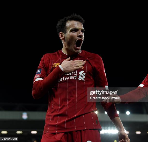 Pedro Chirivella of Liverpool celebrates the opening goal during the FA Cup Fourth Round Replay match between Liverpool FC and Shrewsbury Town at...