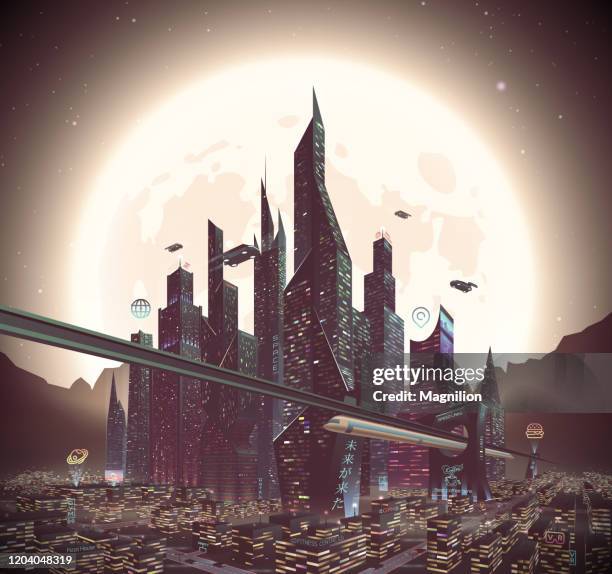 fantastic city of the future city at night with moon - futuristic city stock illustrations