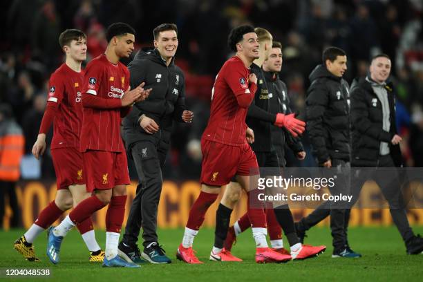 Curtis Jones of Liverpool celebrates victory with his team mates after the FA Cup Fourth Round Replay match between Liverpool FC and Shrewsbury Town...