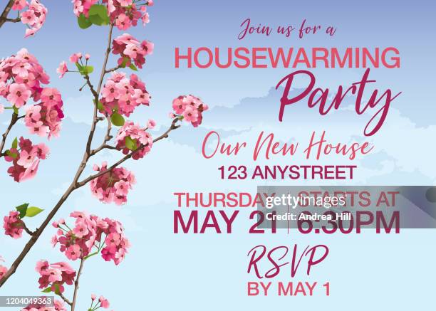 pink sakura cherry blossoms vector housewarming invitation - housewarming invite stock illustrations