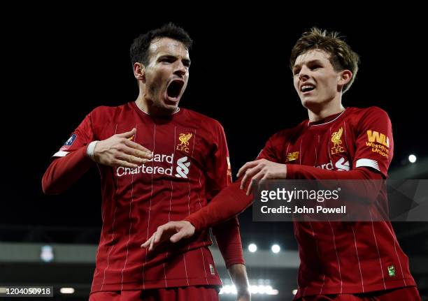 Pedro Chirivella of Liverpool celebrating the opening goal during the FA Cup Fourth Round Replay match between Liverpool FC and Shrewsbury Town at...