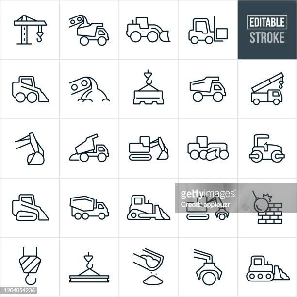 heavy machinery thin line icons - editable stroke - manufacturing equipment stock illustrations