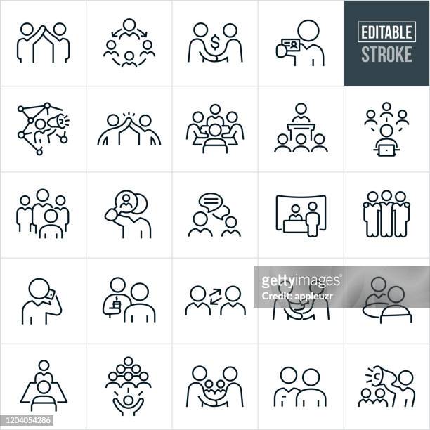 ilustraciones, imágenes clip art, dibujos animados e iconos de stock de iconos de línea fina de redes empresariales - trazo editable - relación de negocios