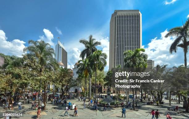 elevated view of "botero square" in central medellin, antioquia, colombia - medellin kolumbien stock-fotos und bilder