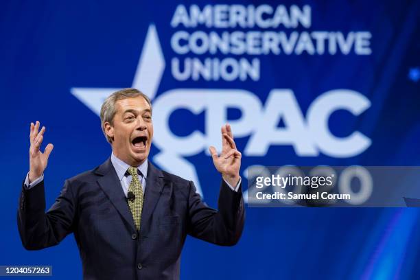 Nigel Farage, British politician and leader of the Brexit Party, speaks at the Conservative Political Action Conference 2020 hosted by the American...