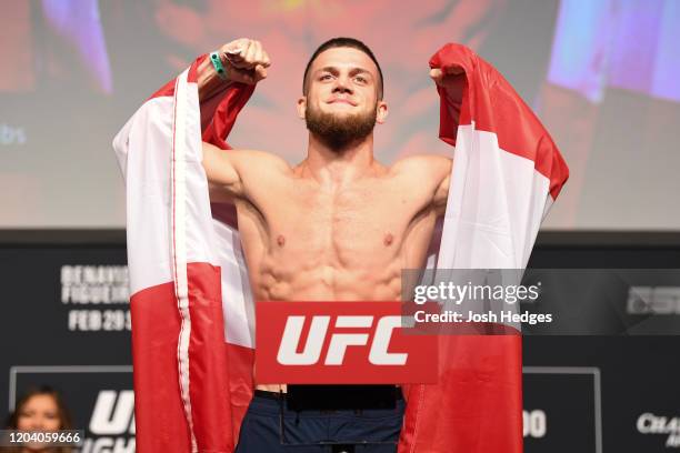 Ismail Naurdiev of Austria poses on the scale during the UFC Fight Night ceremonial weigh-in at Chartway Arena on February 28, 2020 in Norfolk,...