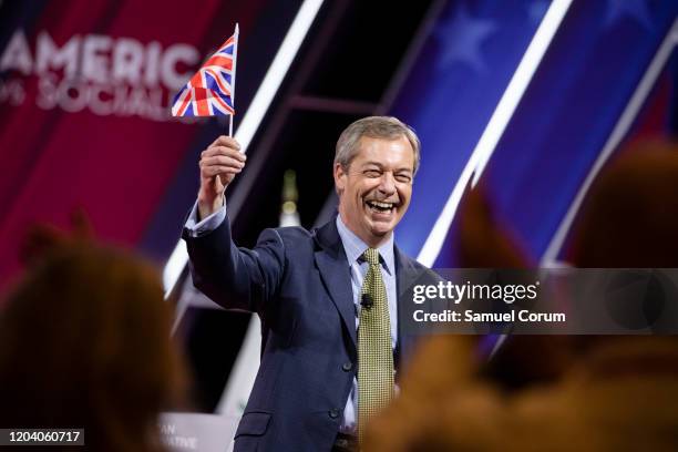 Nigel Farage, British politician and leader of the Brexit Party, speaks at the Conservative Political Action Conference 2020 hosted by the American...