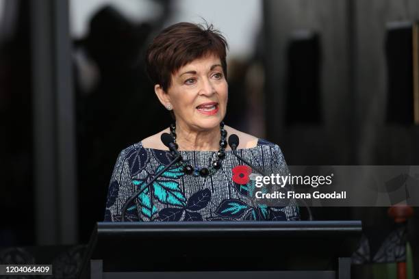 New Zealand Govenor General Dame Patsy Reddy speaks at Te Rau Aroha on February 05, 2020 in Waitangi, New Zealand. The $14.6 million Maori Battalion...