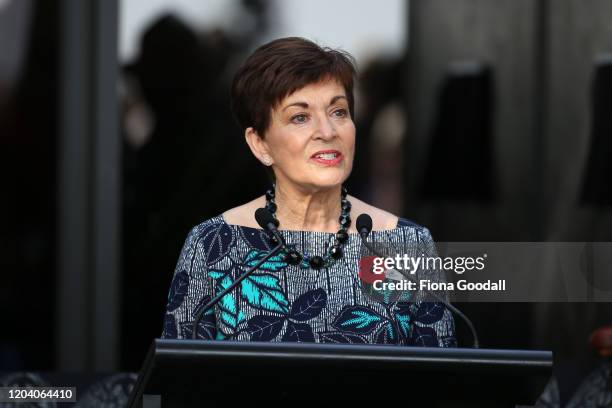 New Zealand Govenor General Dame Patsy Reddy speaks at Te Rau Aroha on February 05, 2020 in Waitangi, New Zealand. The $14.6 million Maori Battalion...