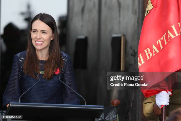 New Zealand Prime Minister Jacinda Ardern speaks at Te Rau Aroha on February 05, 2020 in Waitangi, New Zealand. The $14.6 million Maori Battalion...