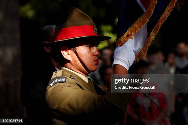 Lt Davis-Brooking is the honour guard at the opening of Te Rau Aroha on February 05, 2020 in Waitangi, New Zealand. The $14.6 million Maori Battalion...