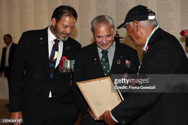 Robert Bom Gillies, one of only two surviving members of the Maori Battalion with Willie Apiata VC inside Te Rau Aroha on February 05, 2020 in...