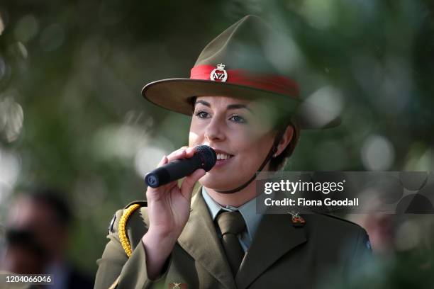 Defence force band member sings a waiata at the opening of Te Rau Aroha on February 05, 2020 in Waitangi, New Zealand. The $14.6 million Maori...