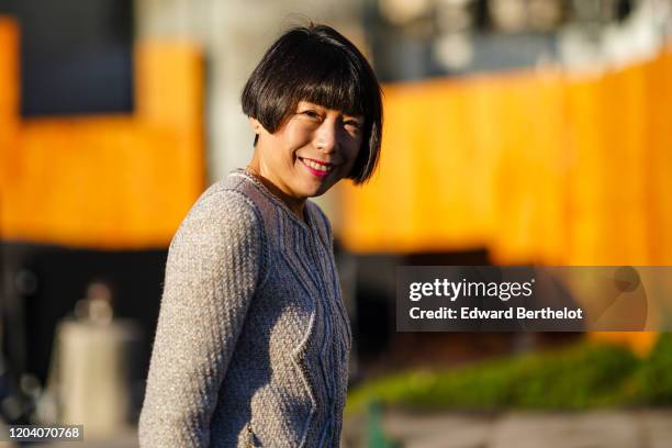 Angelica Cheung wears a light brown top, outside Chanel, during Paris Fashion Week - Haute Couture Spring/Summer 2020, on January 21, 2020 in Paris,...