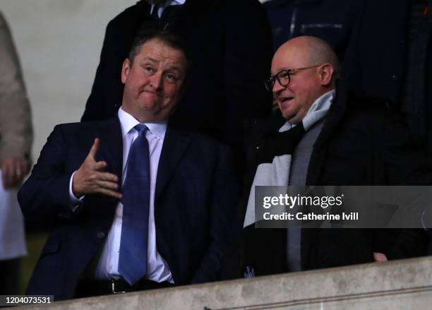 Mike Ashley owner of Newcastle United talks to managing Directory Lee Charnley ahead of the FA Cup Fourth Round Replay match between Oxford United...