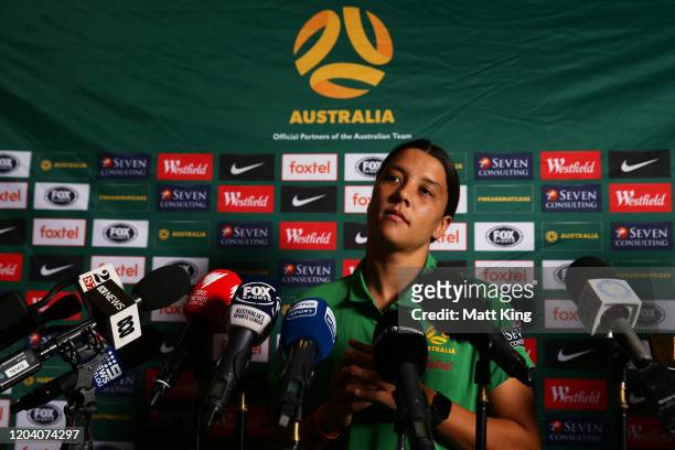 Samantha Kerr speaks to the media during an Australian Matildas media opportunity at The Intercontinental on February 05, 2020 in Sydney, Australia.