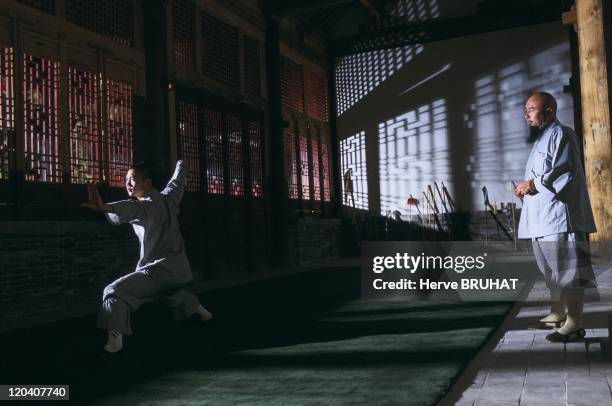 Henan in Shaolin, China - Master Shi Yong Zhi training a student. "Each of your postures should always protect the three levels of the body and this...