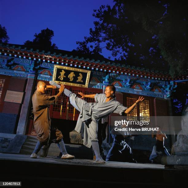 Kungfu and Buddhism at the Shaolin temple, China - Joust in front of the Bodhidharma pavilion. This place is associated with peace but also with...