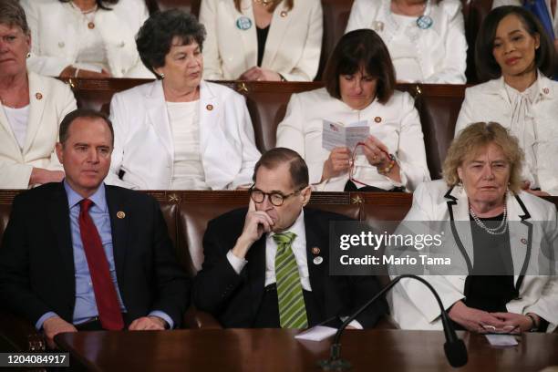 Rep. Adam Schiff , Rep. Jerry Nadler , and Rep. Zoe Lofgren attend the State of the Union address in the chamber of the U.S. House of Representatives...