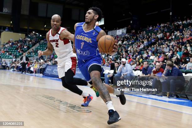Cameron Payne of the Texas Legends drives against Jarrett Jack of the Sioux Falls Skyforce on February 28, 2020 at Comerica Center in Frisco, Texas....