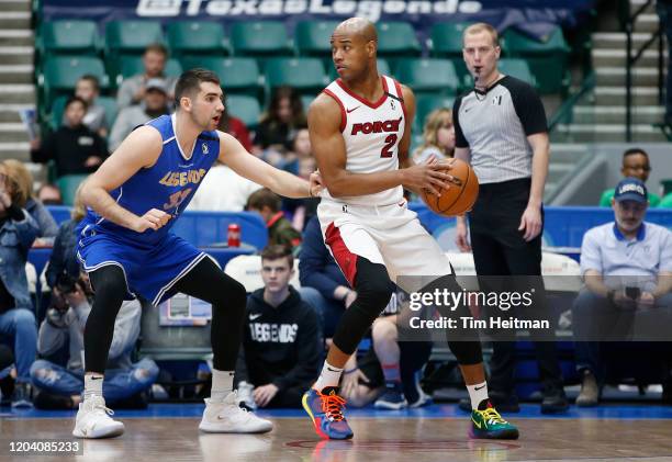 Jarrett Jack of the Sioux Falls Skyforce is defended by Dakota Mathias of the Texas Legends during the first quarter on February 28, 2020 at Comerica...
