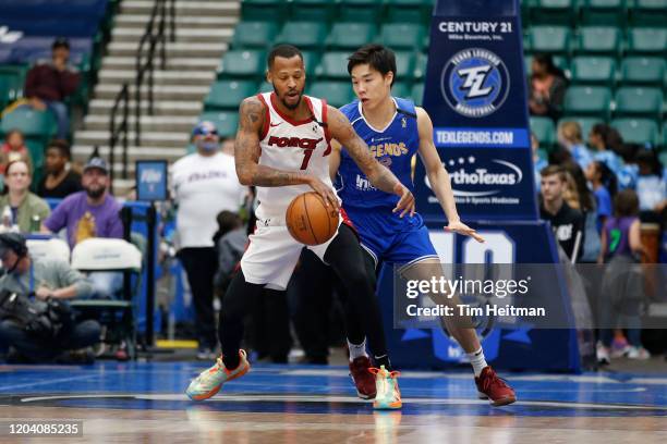 Jacobi Boykins of the Sioux Falls Skyforce dribbles against Yudai Baba of the Texas Legends during the first quarter on February 28, 2020 at Comerica...