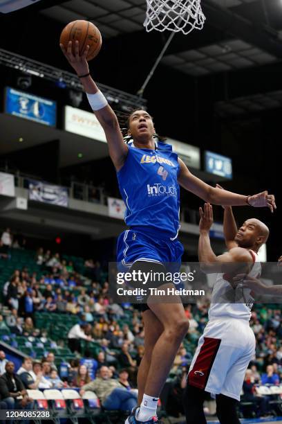 Moses Brown of the Texas Legends drives to the basketball during the first quarter against the Sioux Falls Skyforce on February 28, 2020 at Comerica...