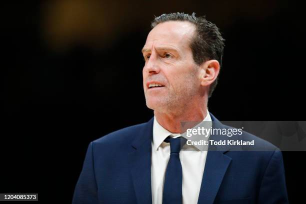 Kenny Atkinson of the Brooklyn Nets reacts during the first half of an NBA game against the Atlanta Hawks at State Farm Arena on February 28, 2020 in...