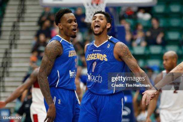 Cameron Payne of the Texas Legends reacts with Antonius Cleveland of the Texas Legends to making a three point basket during the fourth quarter...