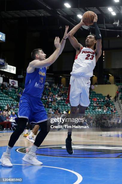 Tim Quarterman of the Sioux Falls Skyforce shoots against Dakota Mathias of the Texas Legends during the third quarter on February 28, 2020 at...