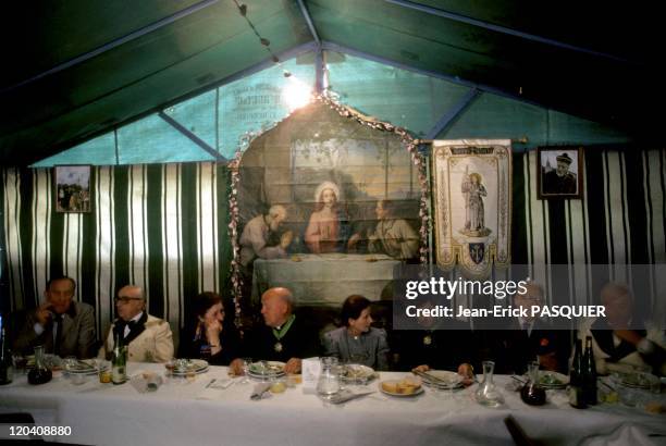 The Priest And Cene In France In 1987 - Remake of the Last Supper: Chamblac is the Spanish hotel-Lunch under the tent after the procession of Corpus...