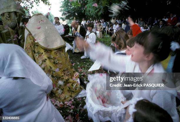 Roses Petals In France In 1987 - Girls throwing rose petals on the participants in the procession of Corpus Christi-a Country Priest: Father Quintin...