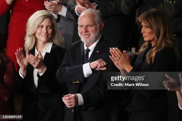 Radio personality Rush Limbaugh and wife Kathryn attend the State of the Union address with First Lady Melania Trump in the chamber of the U.S. House...