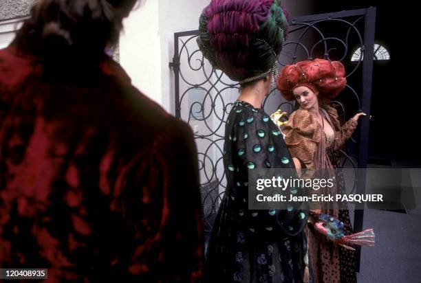 Salzburg, Austria in 1994 - Actresses of the play Jedermann waiting to go on stage in front of the cathedral-The play is acted since 1920, is about...