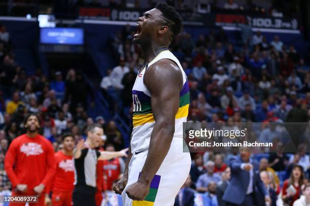 Zion Williamson of the New Orleans Pelicans celebrates during the second half against the Milwaukee Bucks at the Smoothie King Center on February 04,...