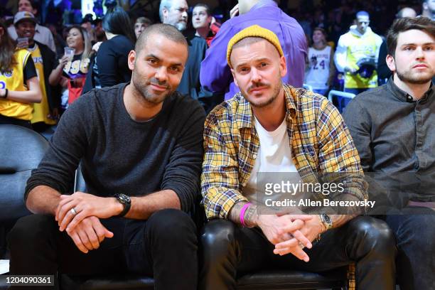 Tony Parker and Matt Pokora attend a basketball game between the Los Angeles Lakers and the San Antonio Spurs at Staples Center on February 04, 2020...
