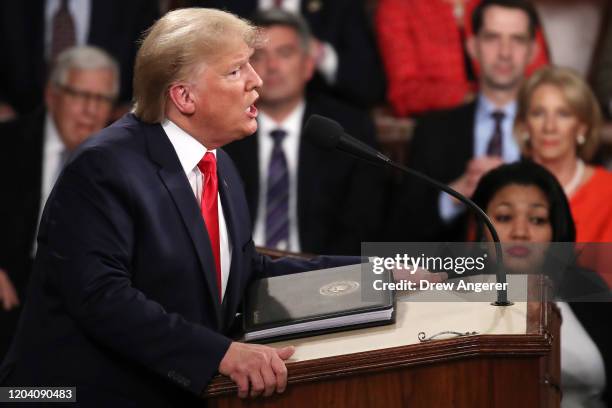 President Donald Trump delivers the State of the Union address in the chamber of the U.S. House of Representatives on February 04, 2020 in...
