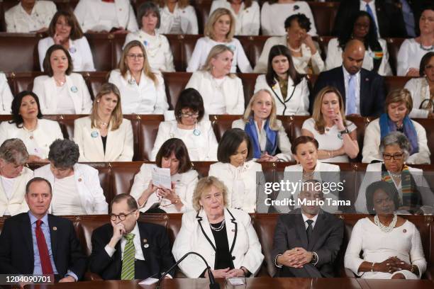 Democratic members of Congress listen to the State of the Union address in the chamber of the U.S. House of Representatives on February 04, 2020 in...