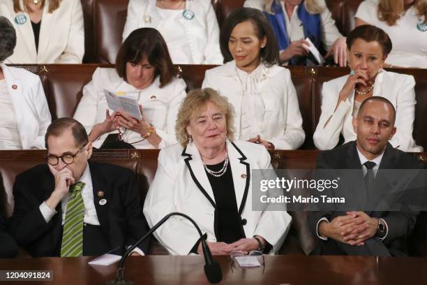 Rep. Jerry Nadler , , Rep. Zoe Lofgren and Hakeem Jeffries attend the State of the Union address in the chamber of the U.S. House of Representatives...