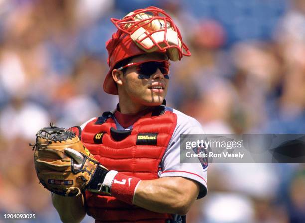 Ivan Rodriguez of the Texas Rangers looks on during an MLB game at Comiskey Park in Chicago, Illinois. Rodriguez played for 21 years, with 6...