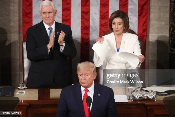 House Speaker Rep. Nancy Pelosi rips up pages of the State of the Union speech after U.S. President Donald Trump finishes his State of the Union...