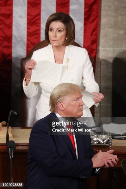 House Speaker Rep. Nancy Pelosi rips up pages of the State of the Union speech after U.S. President Donald Trump finishes his State of the Union...