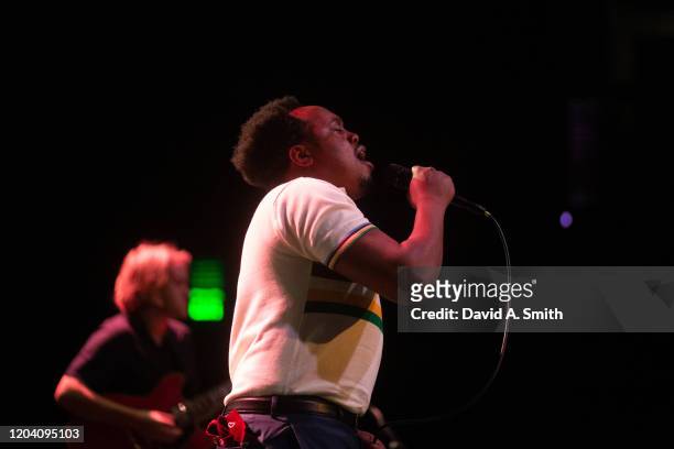 Durand Jones of Durand Jones and The Indications performs at WorkPlay on February 04, 2020 in Birmingham, Alabama.