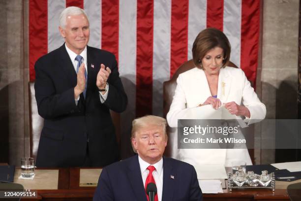 House Speaker Rep. Nancy Pelosi rips up pages of the State of the Union speech after U.S. President Donald Trump finishes his State of the Union...