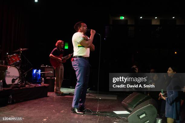 Durand Jones of Durand Jones and The Indications performs at WorkPlay on February 04, 2020 in Birmingham, Alabama.