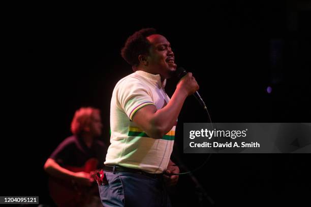 Durand Jones of Durand Jones and The Indications performs at WorkPlay on February 04, 2020 in Birmingham, Alabama.