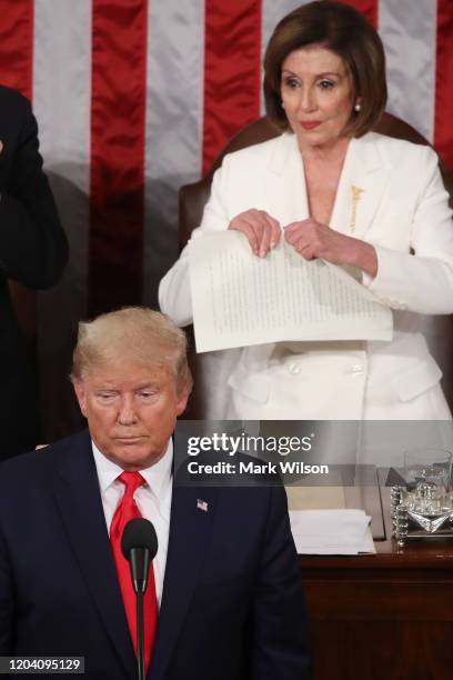 House Speaker Rep. Nancy Pelosi rips up pages of the State of the Union speech after U.S. President Donald Trump finishes his State of the Union...